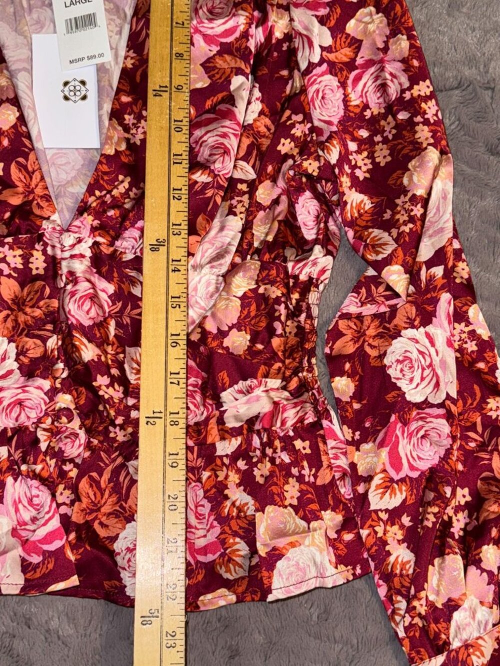 WAYF Womens Floral V-Neck Long Sleeve Blouse Large - Picture 9 of 10